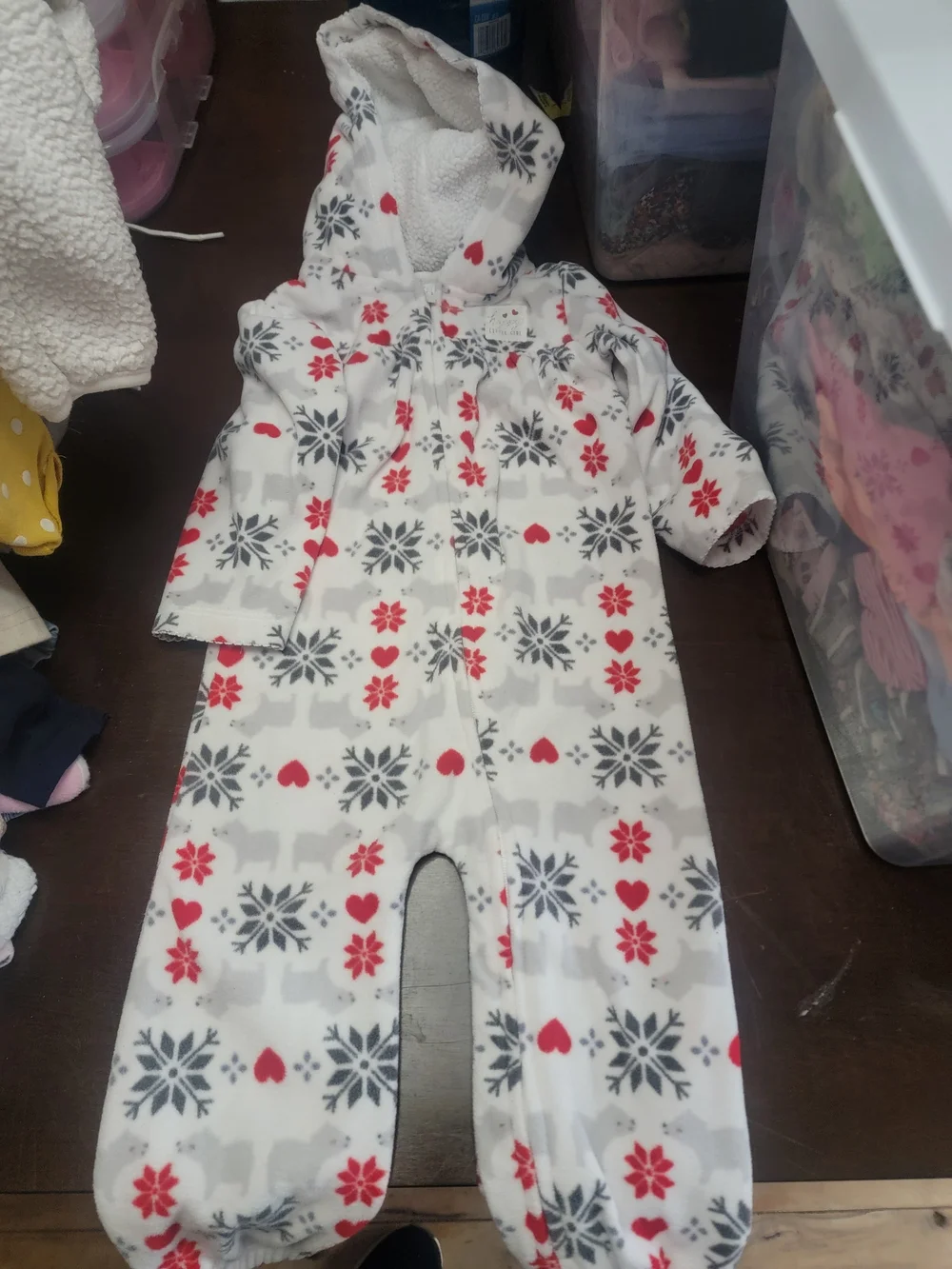 Carter's White Fleece Hooded Footed One-Piece with Red and Gray Snowflake Print